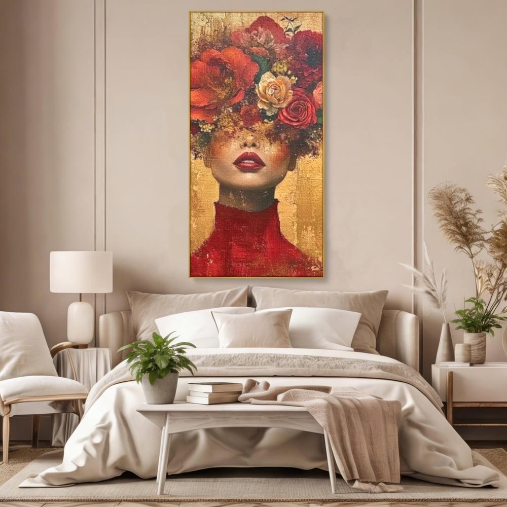 Tablou canvas cu tablou canvas cu portret de femeie si flori, in rama de aluminiu auriu, pe perete intr-un dormitor